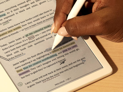 O mână este arătată folosind Kobo Stylus 2 pentru a scrie direct într-un eBook pe un eReader Kobo Libra Colour pe o suprafață plană. Pe pagină, vedem adnotări și evidențieri colorate.