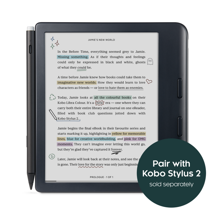 Black Kobo Libra Colour front view paired with black Kobo Stylus 2, sold separately.