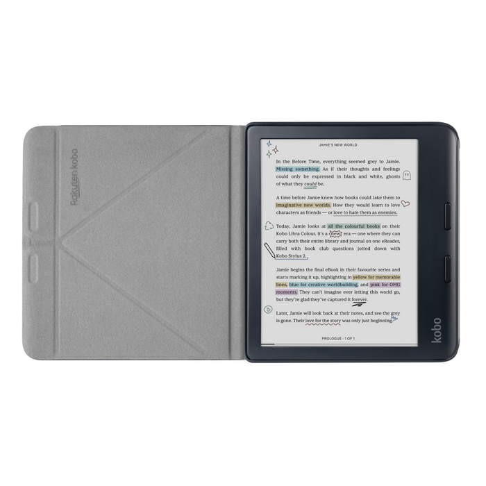 Black Kobo Libra Colour inside an opened Kobo Libra Colour SleepCover.