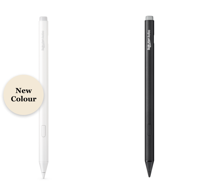 An image of both the black and new white versions of Kobo Stylus 2, showing the built-in eraser, highlighter button and smooth writing tip.