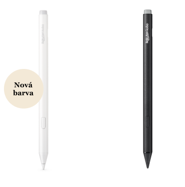 Obrázek černé a nové bílé verze Kobo Stylus 2, zobrazující vestavěnou gumu, zvýrazňovací tlačítko a hladký hrot pro psaní.