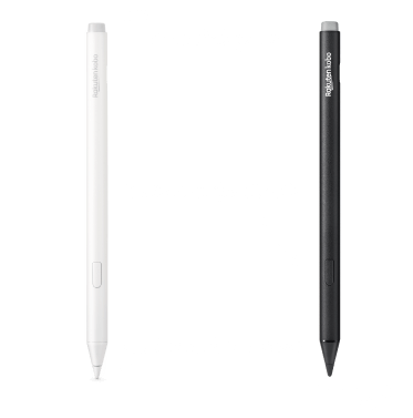 Obrázek černé a nové bílé verze Kobo Stylus 2, zobrazující vestavěnou gumu, zvýrazňovací tlačítko a hladký hrot pro psaní.