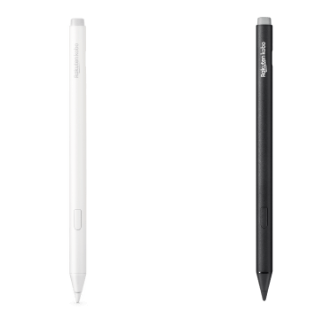 Obraz czarnej i nowej białej wersji Kobo Stylus 2, pokazujący wbudowaną gumkę, przycisk zakreślacza i gładką końcówkę do pisania.