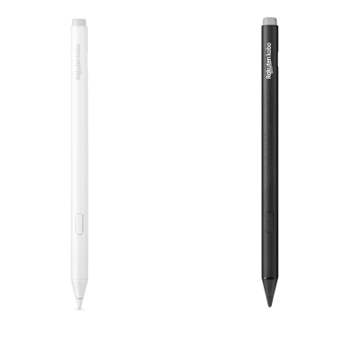 O imagine cu versiunile neagră și noua albă a Kobo Stylus 2, arătând radiera încorporată, butonul de evidențiere și vârful neted de scriere.