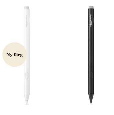 En bild av både den svarta och den nya vita versionen av Kobo Stylus 2, som visar det inbyggda suddgummit, markeringsknappen och den släta skrivspetsen. 