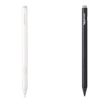 En bild av både den svarta och den nya vita versionen av Kobo Stylus 2, som visar det inbyggda suddgummit, markeringsknappen och den släta skrivspetsen. 