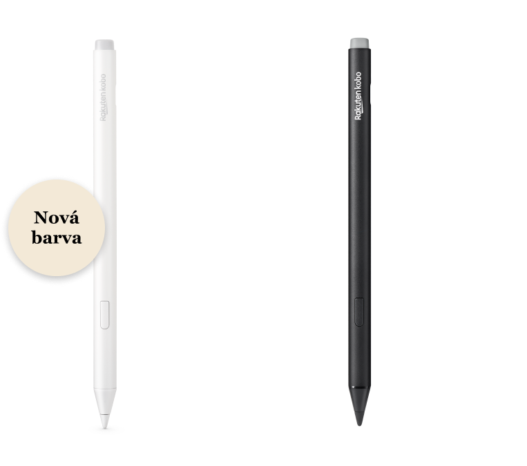 Obrázek černé a nové bílé verze Kobo Stylus 2, zobrazující vestavěnou gumu, zvýrazňovací tlačítko a hladký hrot pro psaní.