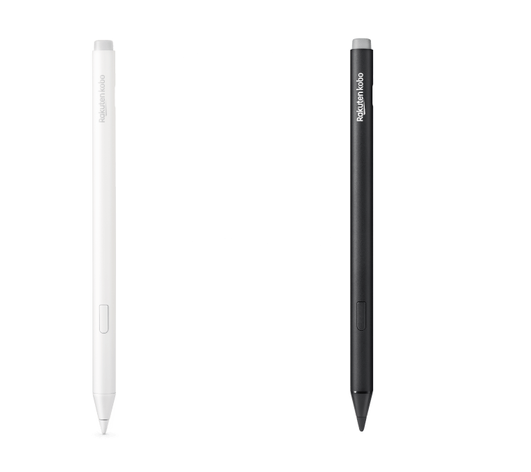 Obrázek černé a nové bílé verze Kobo Stylus 2, zobrazující vestavěnou gumu, zvýrazňovací tlačítko a hladký hrot pro psaní.