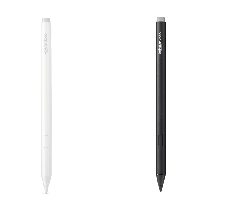 Obraz czarnej i nowej białej wersji Kobo Stylus 2, pokazujący wbudowaną gumkę, przycisk zakreślacza i gładką końcówkę do pisania.