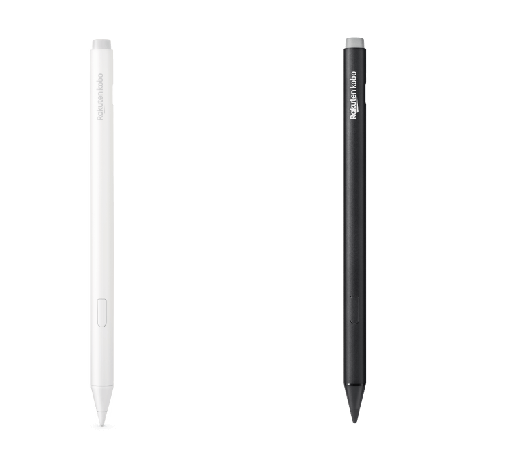 O imagine cu versiunile neagră și noua albă a Kobo Stylus 2, arătând radiera încorporată, butonul de evidențiere și vârful neted de scriere.