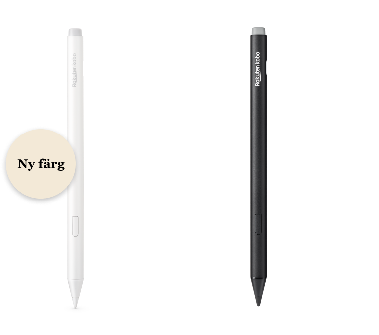 En bild av både den svarta och den nya vita versionen av Kobo Stylus 2, som visar det inbyggda suddgummit, markeringsknappen och den släta skrivspetsen. 