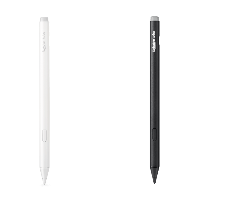 En bild av både den svarta och den nya vita versionen av Kobo Stylus 2, som visar det inbyggda suddgummit, markeringsknappen och den släta skrivspetsen. 
