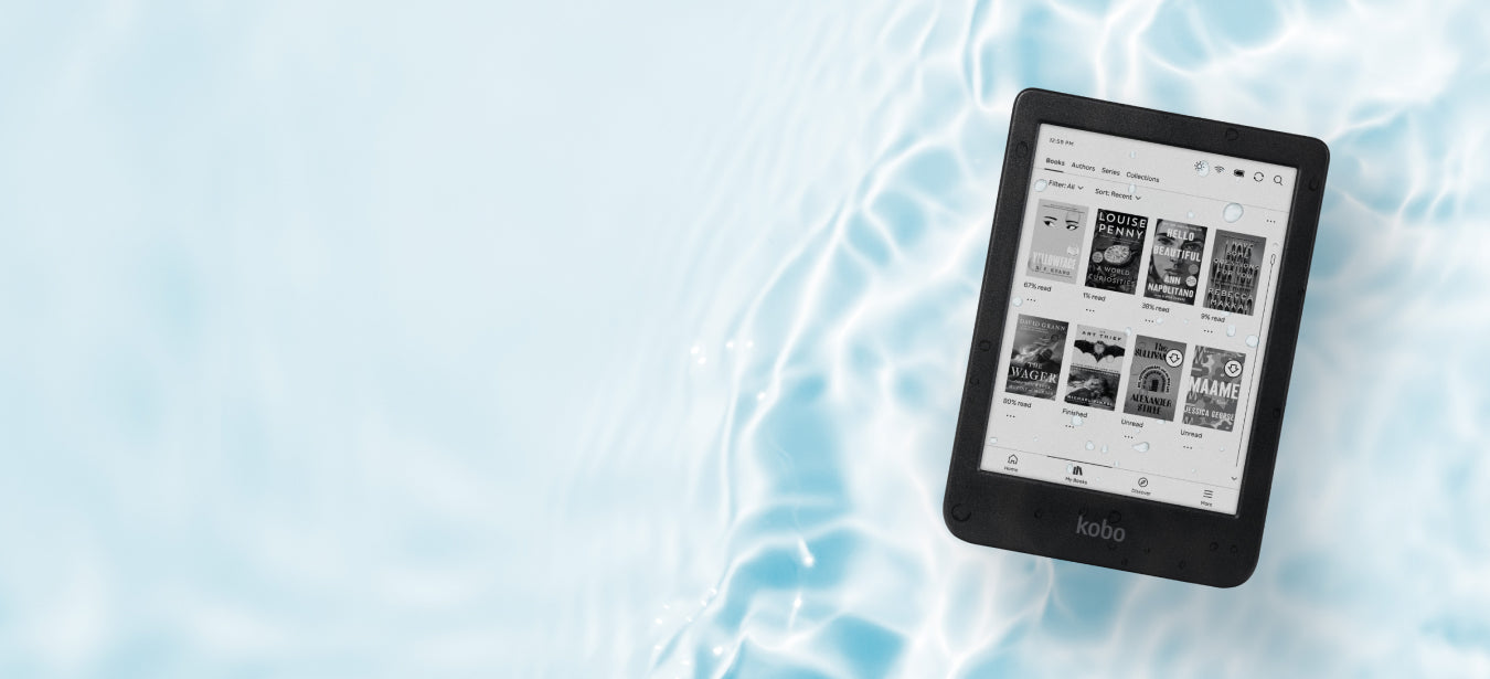 A Kobo Clara BW eReader floating in a pool filled with water.